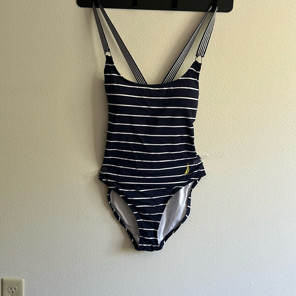 Nautica Navy and White Striped One Piece Swimsuit